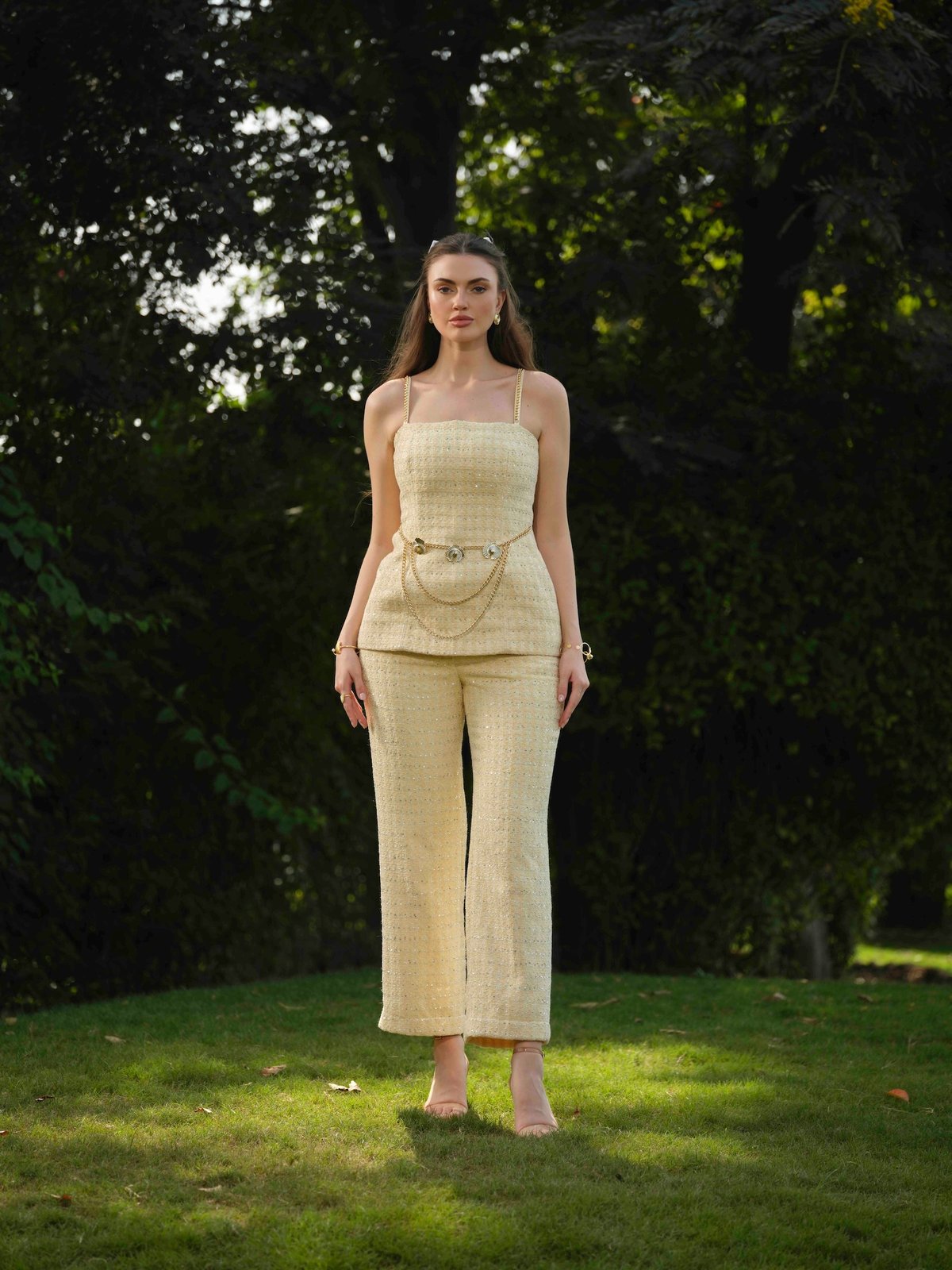 Yellow Tweed Corset Top and Straight Pants Co-ord Set
