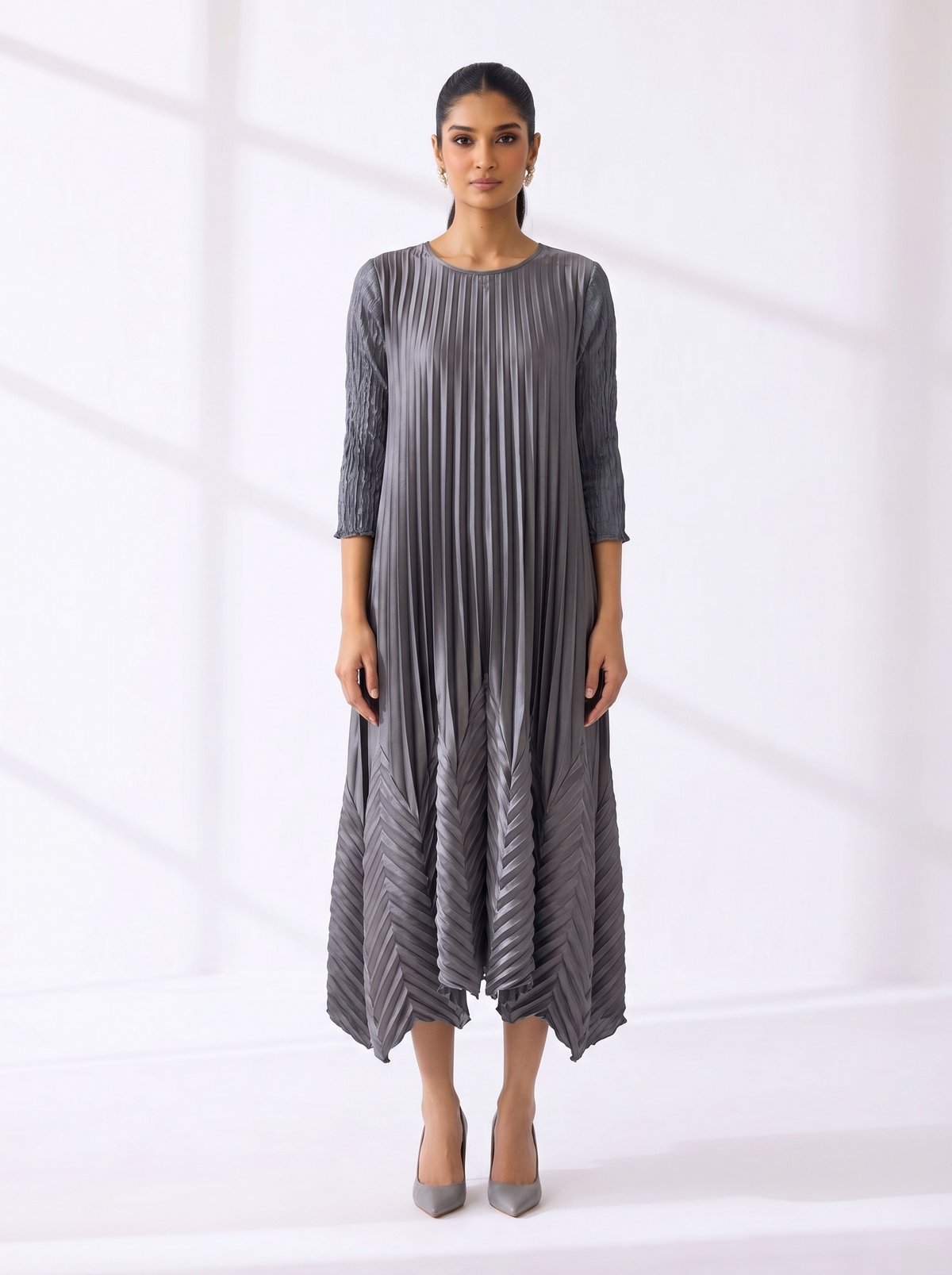 Grey Pleated A-Line Midi Dress
