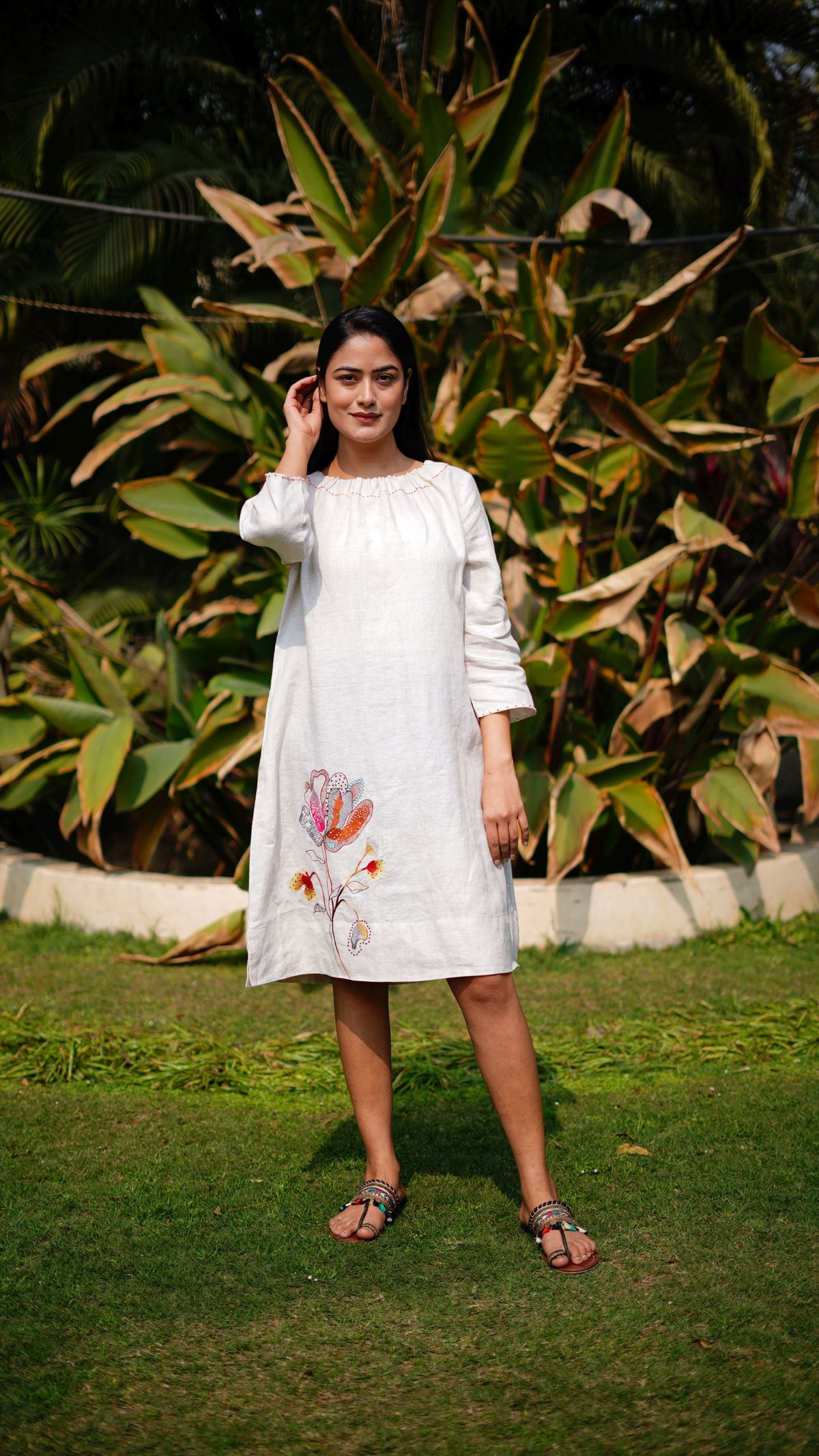 Beige Linen Straight Knee-Length Dress with Floral Embroidery