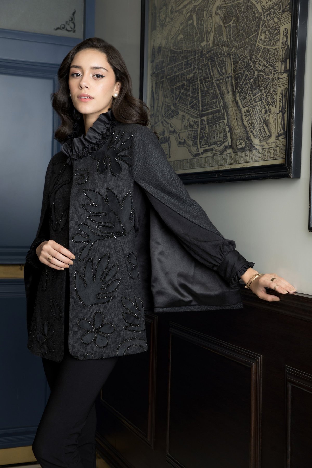 Charcoal Gray Herringbone Cape with Tonal Floral Detail