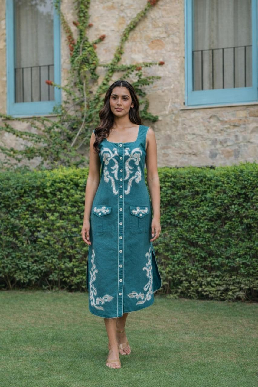 Teal Blue Applique Midi Shirt Dress with Button Front