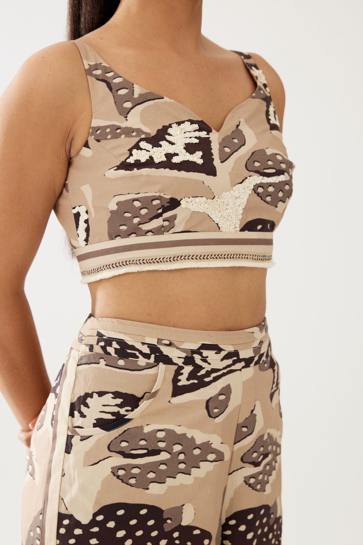Cream And Dark Brown Floral Bustier