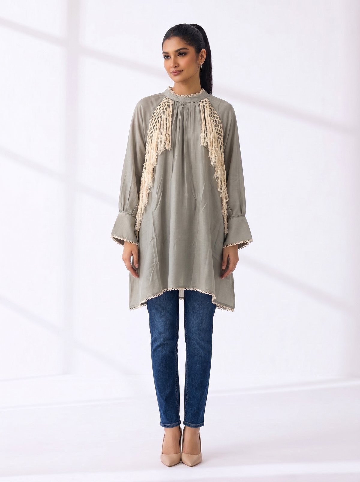 Grey A-Line Kurta with Crochet Fringe Side Panels