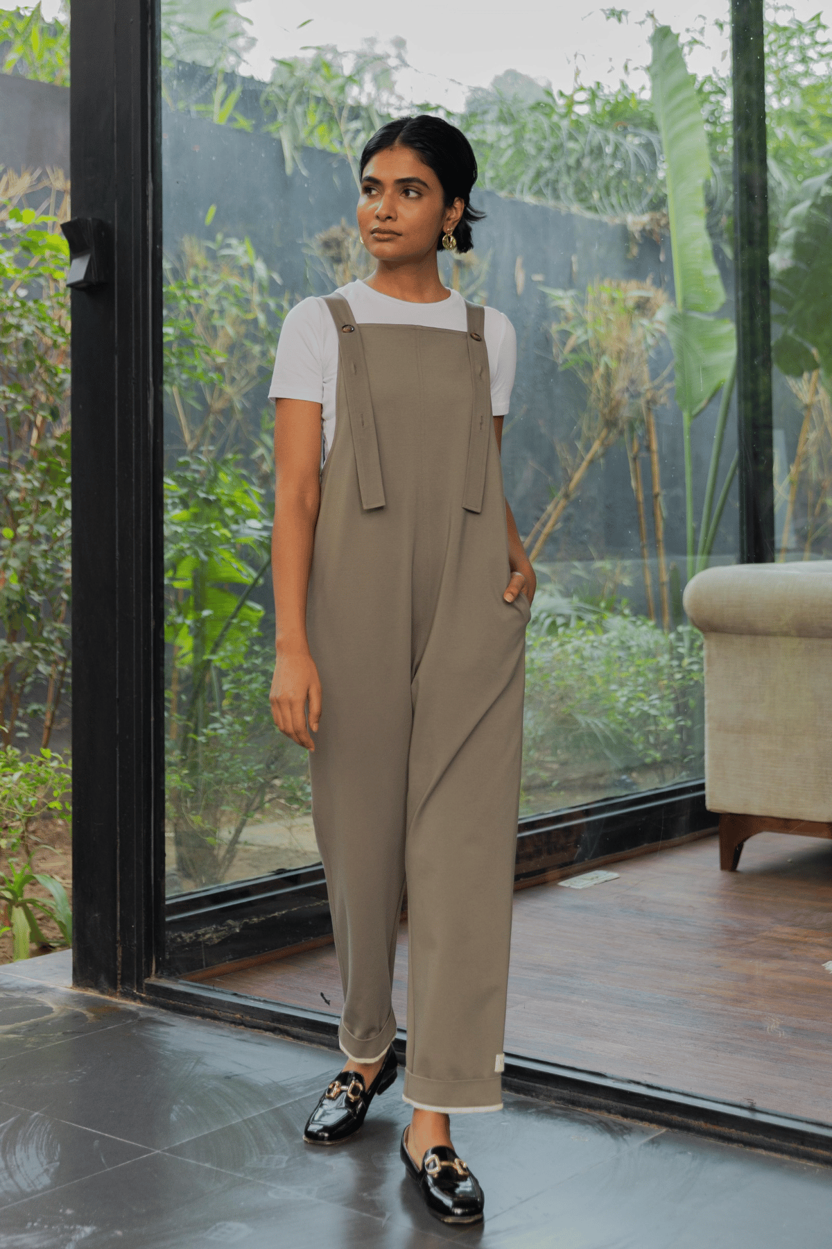 Olive Relaxed Fit Overalls Jumpsuit with Adjustable Straps