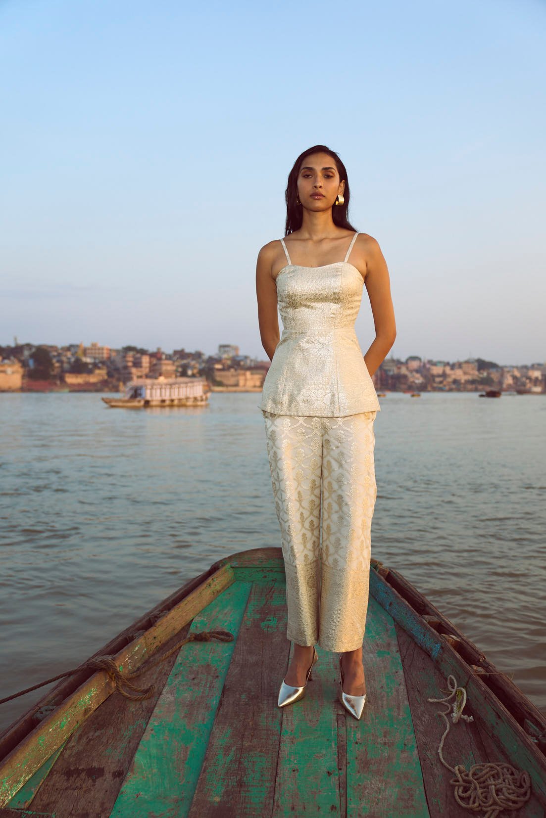Ivory Metallic Brocade Corset Peplum Top