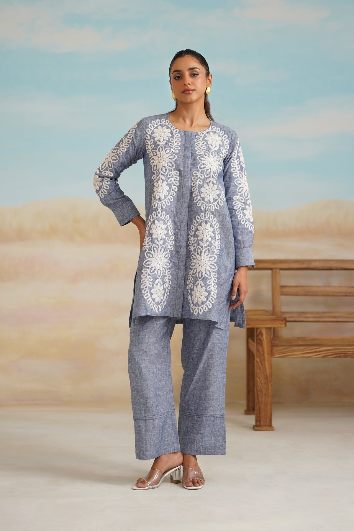 Indigo Linen Embroidered Tunic and Pants Co-ord Set