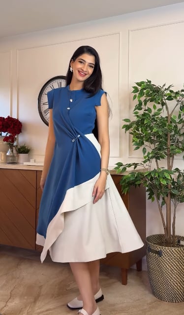 Prussian Blue and Ecru Colorblocked Midi Dress