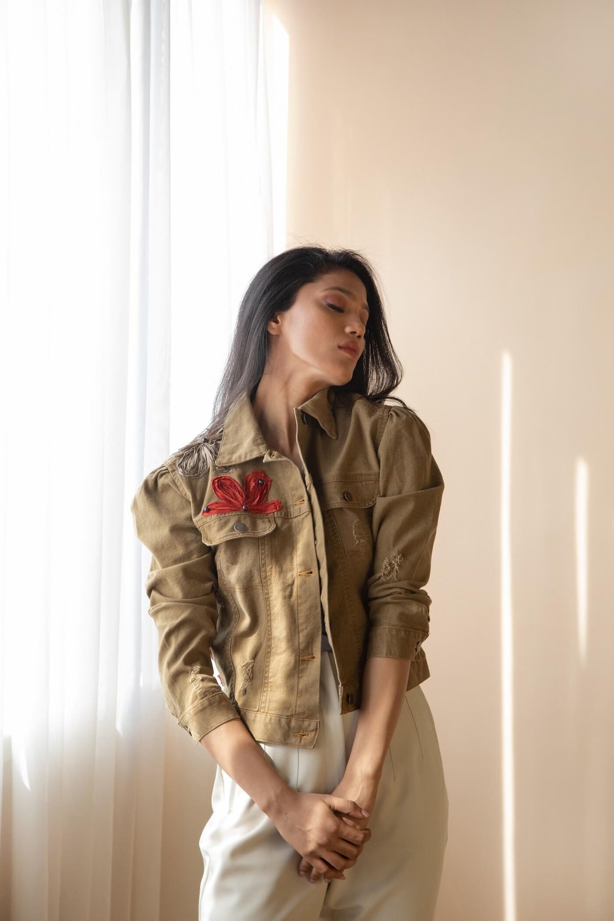 Camel Beige Cropped Denim Jacket with Floral Embellishment