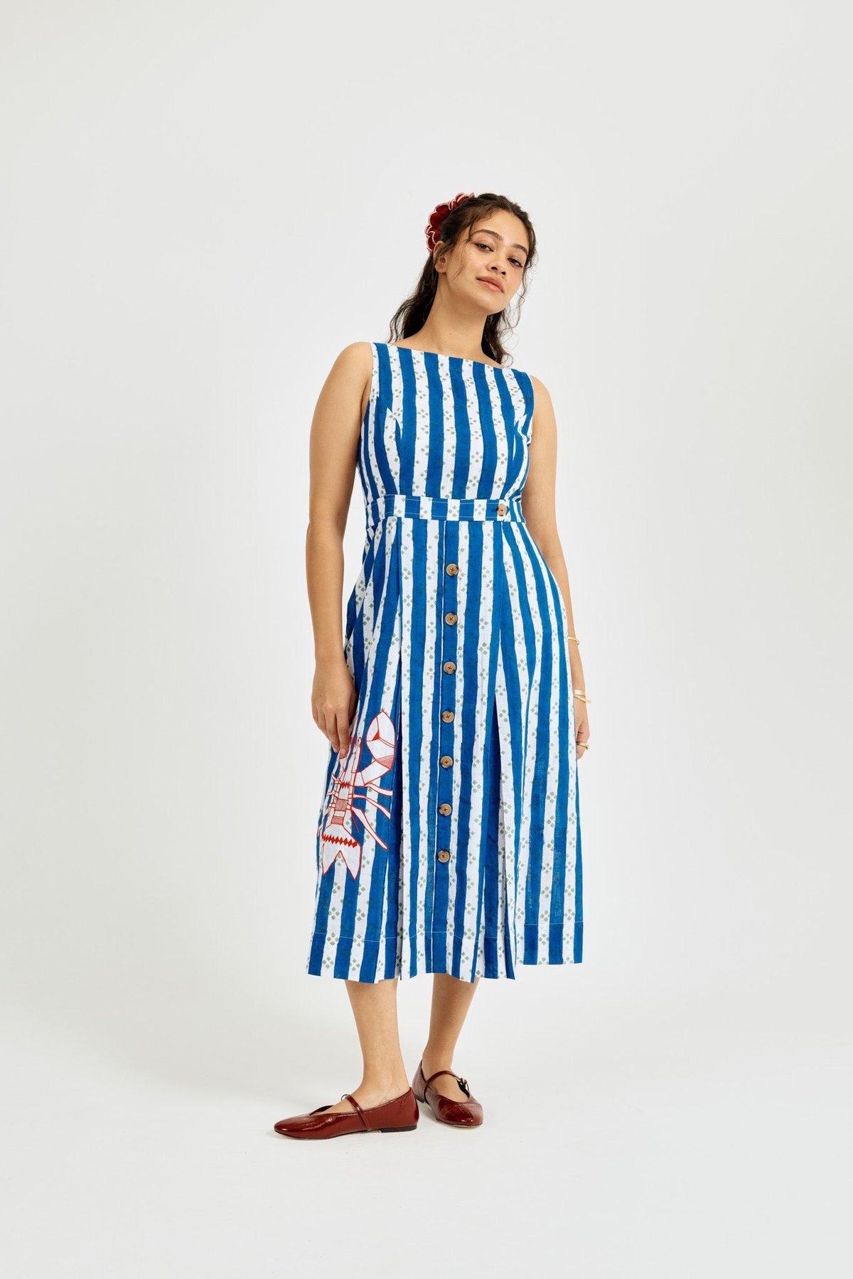 Blue/White Striped Sleeveless Button-Front Midi Dress
