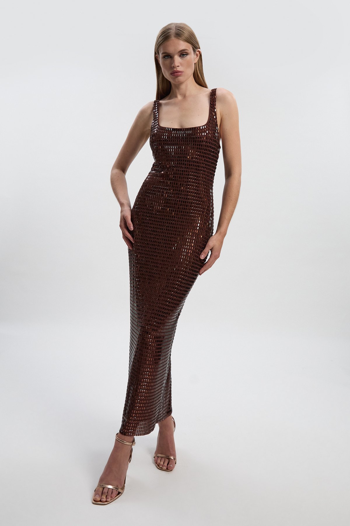Chocolate Embellished Square Neck Bodycon Maxi Dress