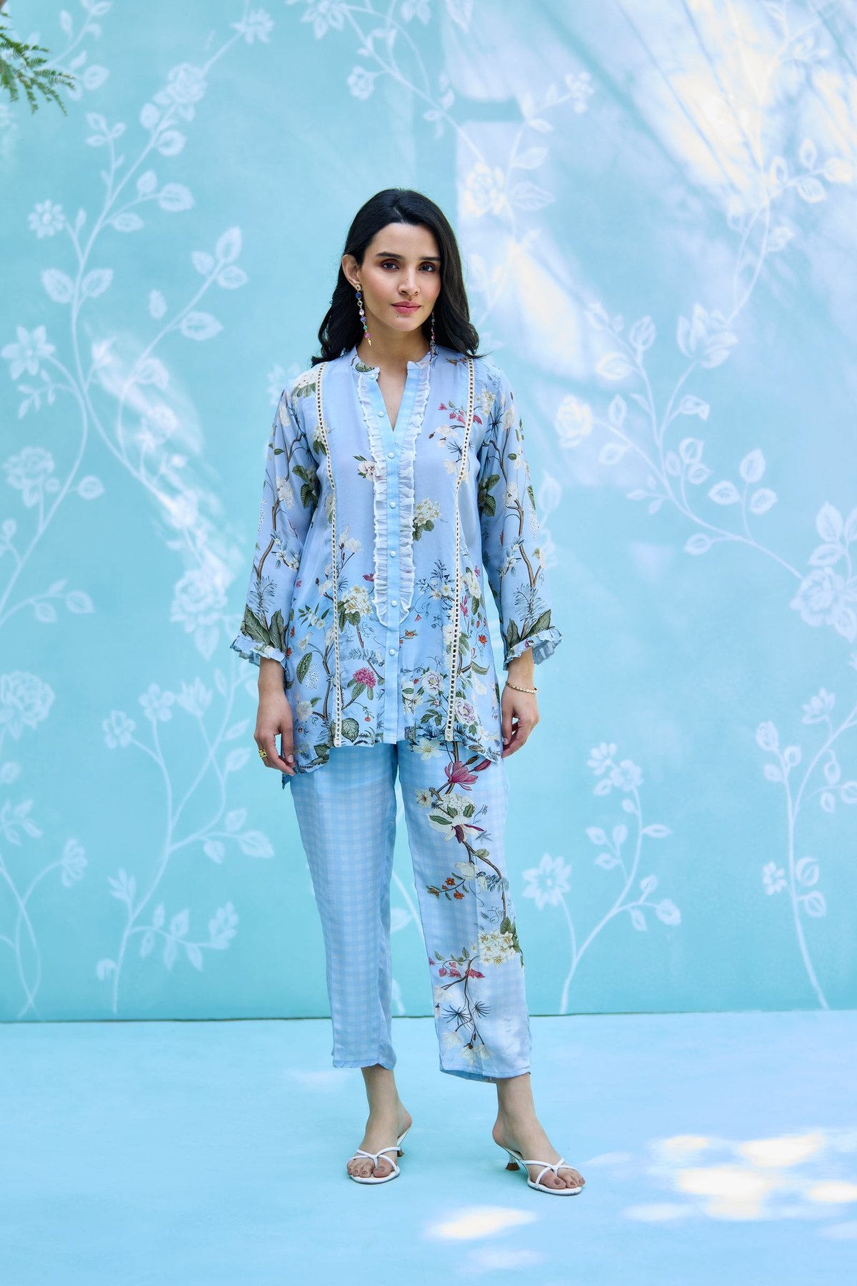 Sky Blue Floral Printed Co-ord Set with Button-Front Shirt