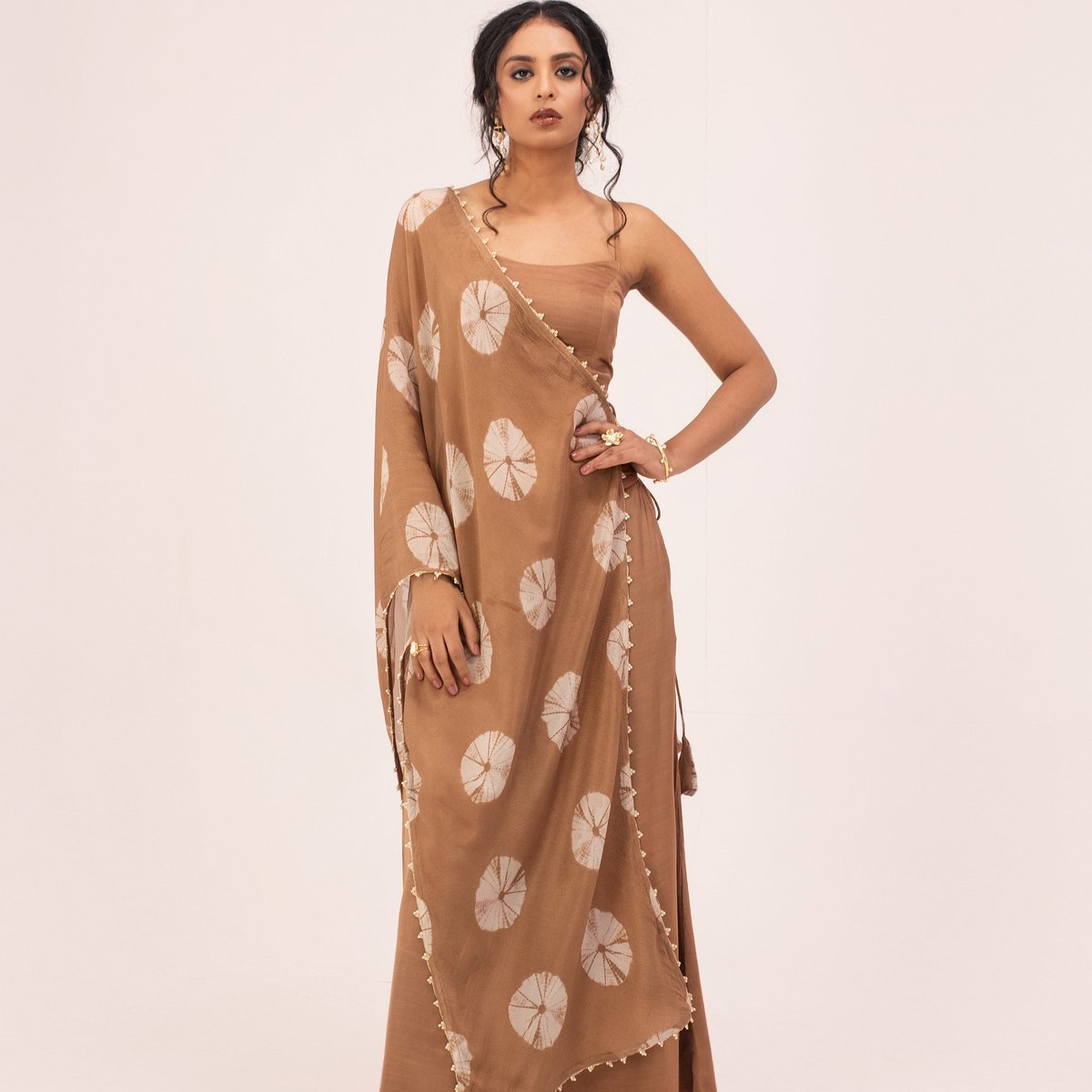 Sand Brown Satin 3-Piece Co-ord Set with Bandhani Shrug