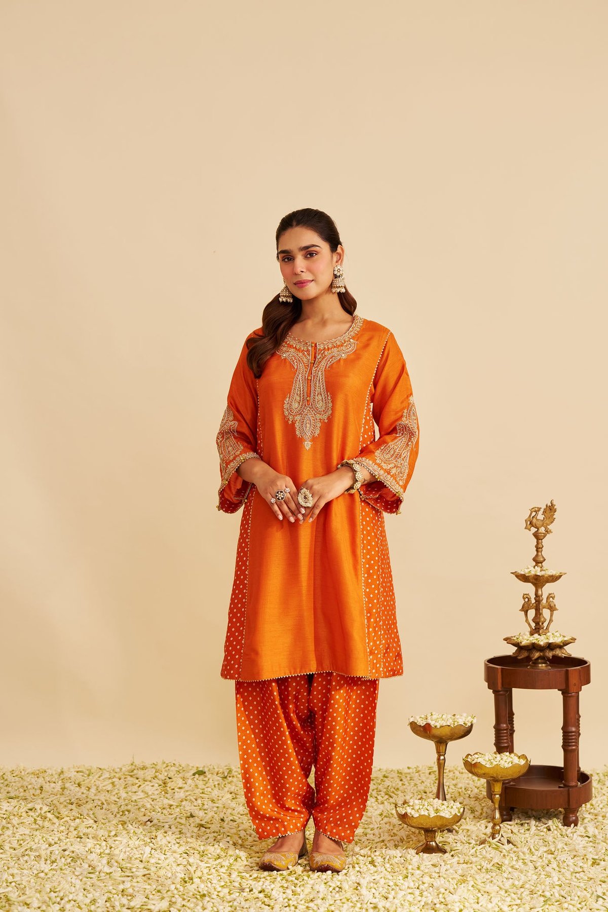 Orange Upada Silk Embroidered Short Kurta Set with Salwar