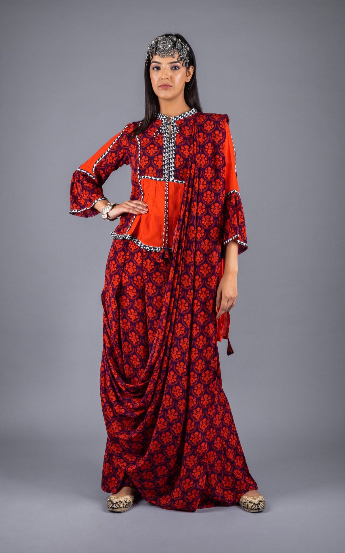 Red Printed Palazzo Co-ord Set with Drape Panel