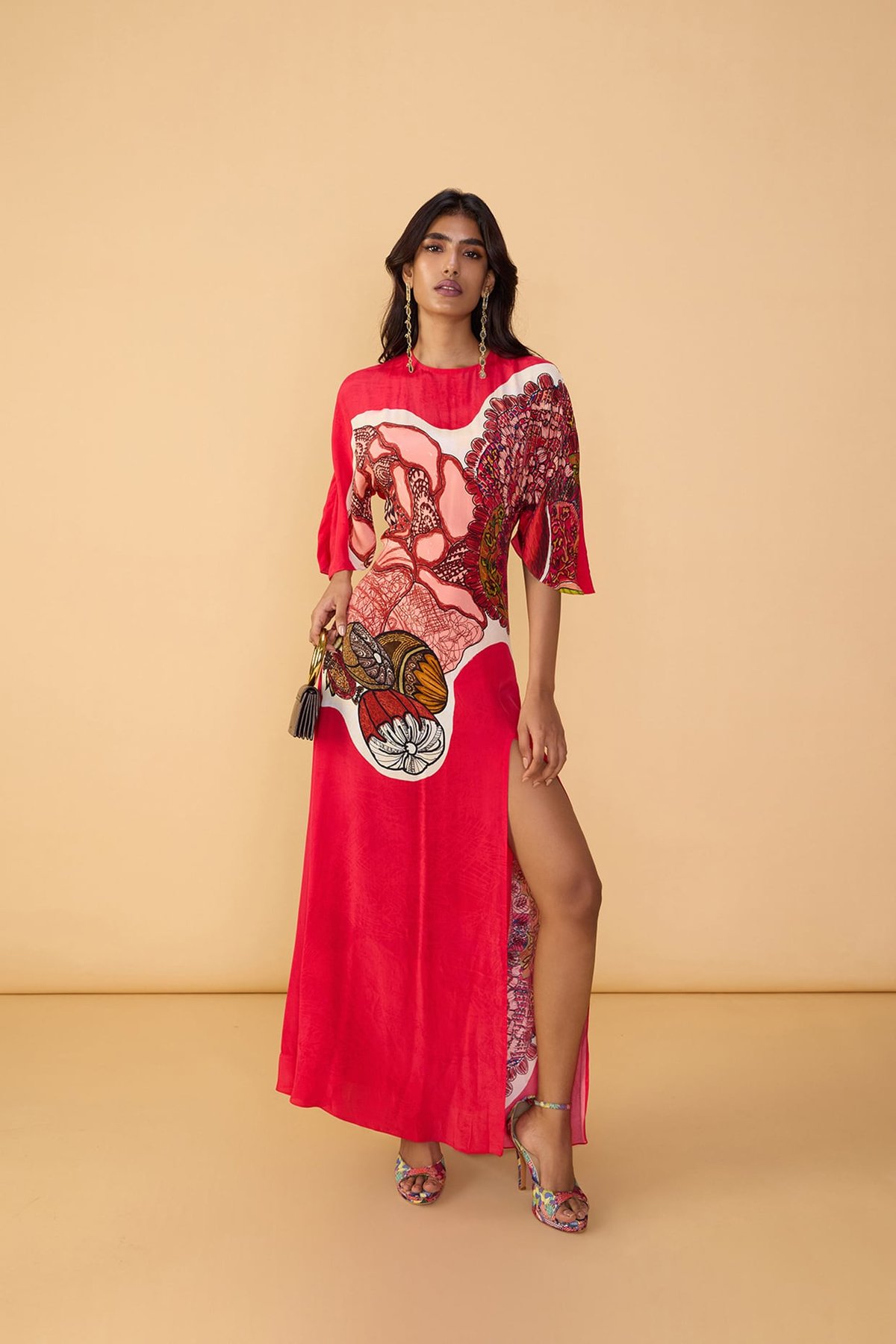 Raspberry Red Abstract Print Kaftan Maxi Dress with Slit