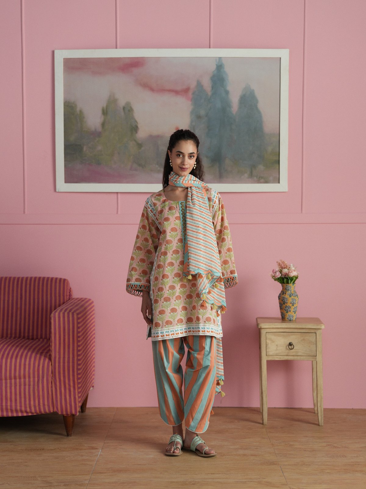 MARIGOLD SHORT EASY FIT KURTA WITH STRIPED SALWAR AND DUPATTA