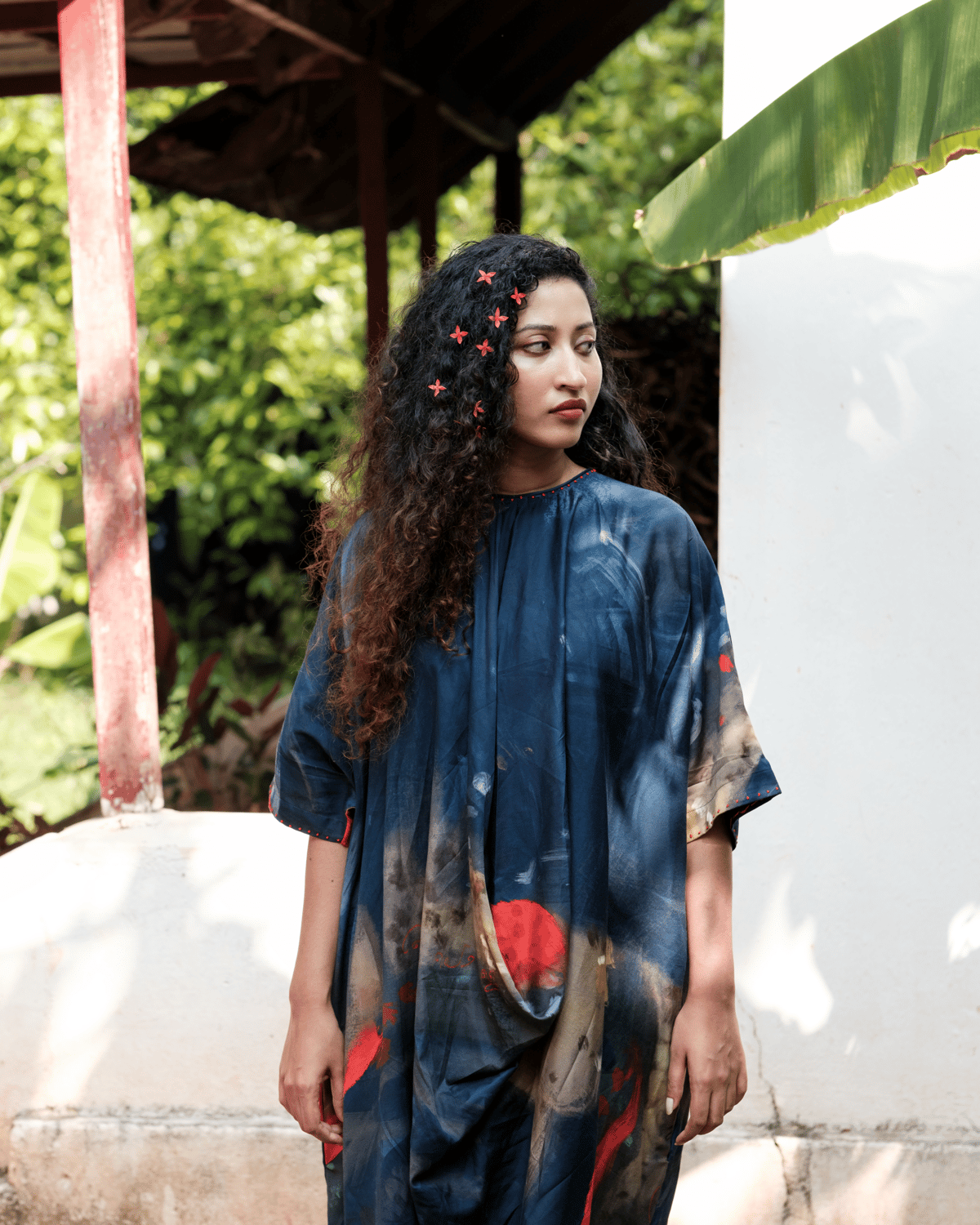 Blue Cotton Satin Abstract Print Midi Kaftan