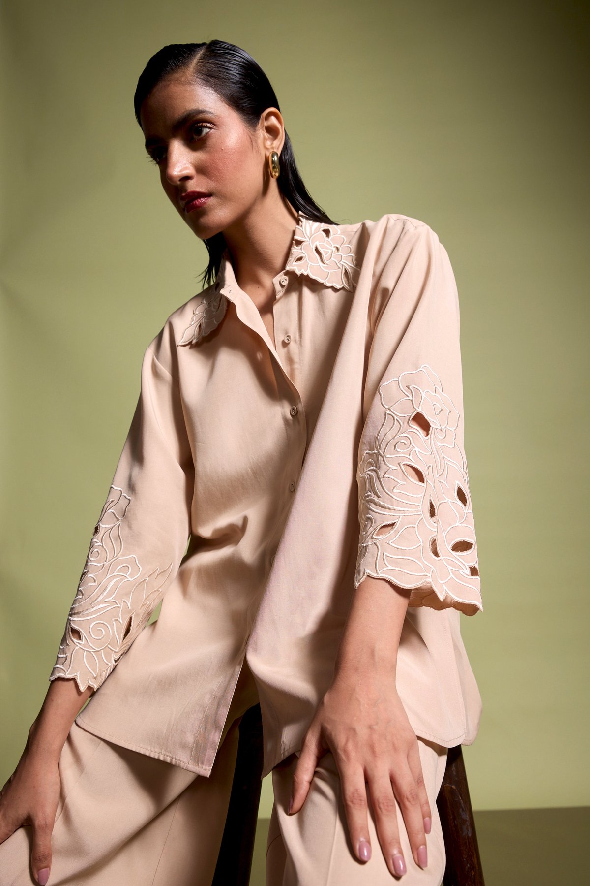 Sand Tencel Cutwork Embroidered Relaxed Fit Shirt