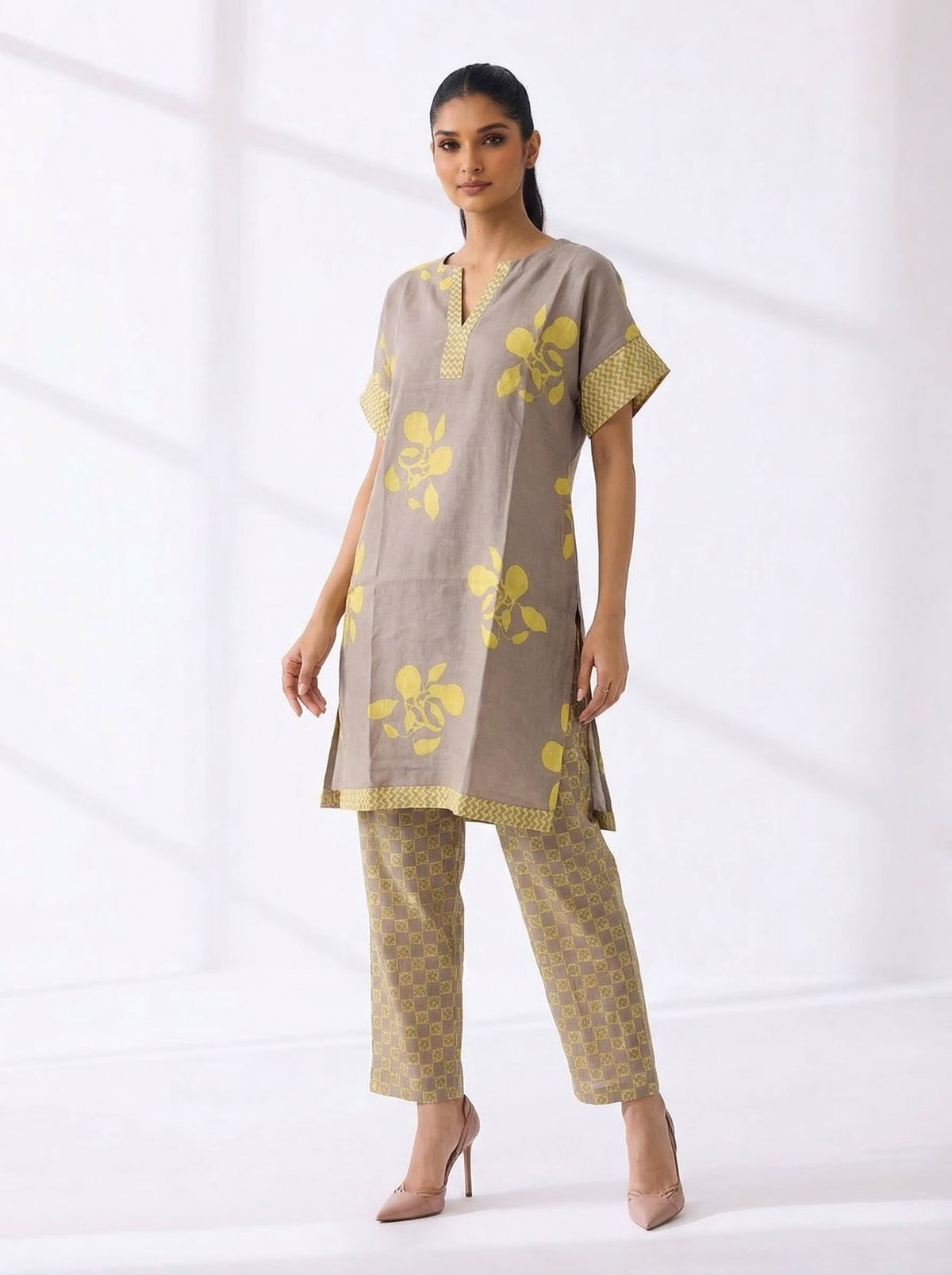 Taupe Floral Printed Linen Kurta and Pant Set