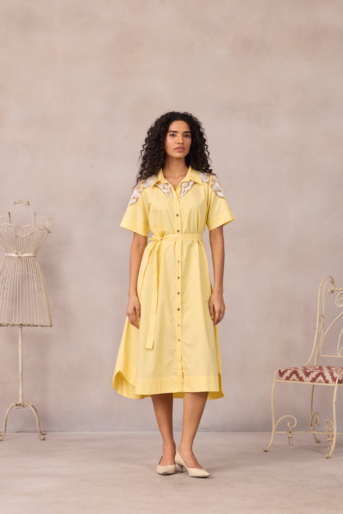 Lemon Sorbet Belted Midi Shirt Dress with Sheer Yoke