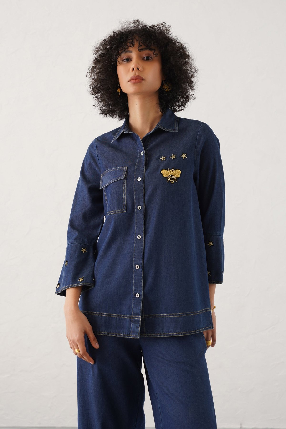 Denim Blue Cotton Embroidered Button-Down Shirt