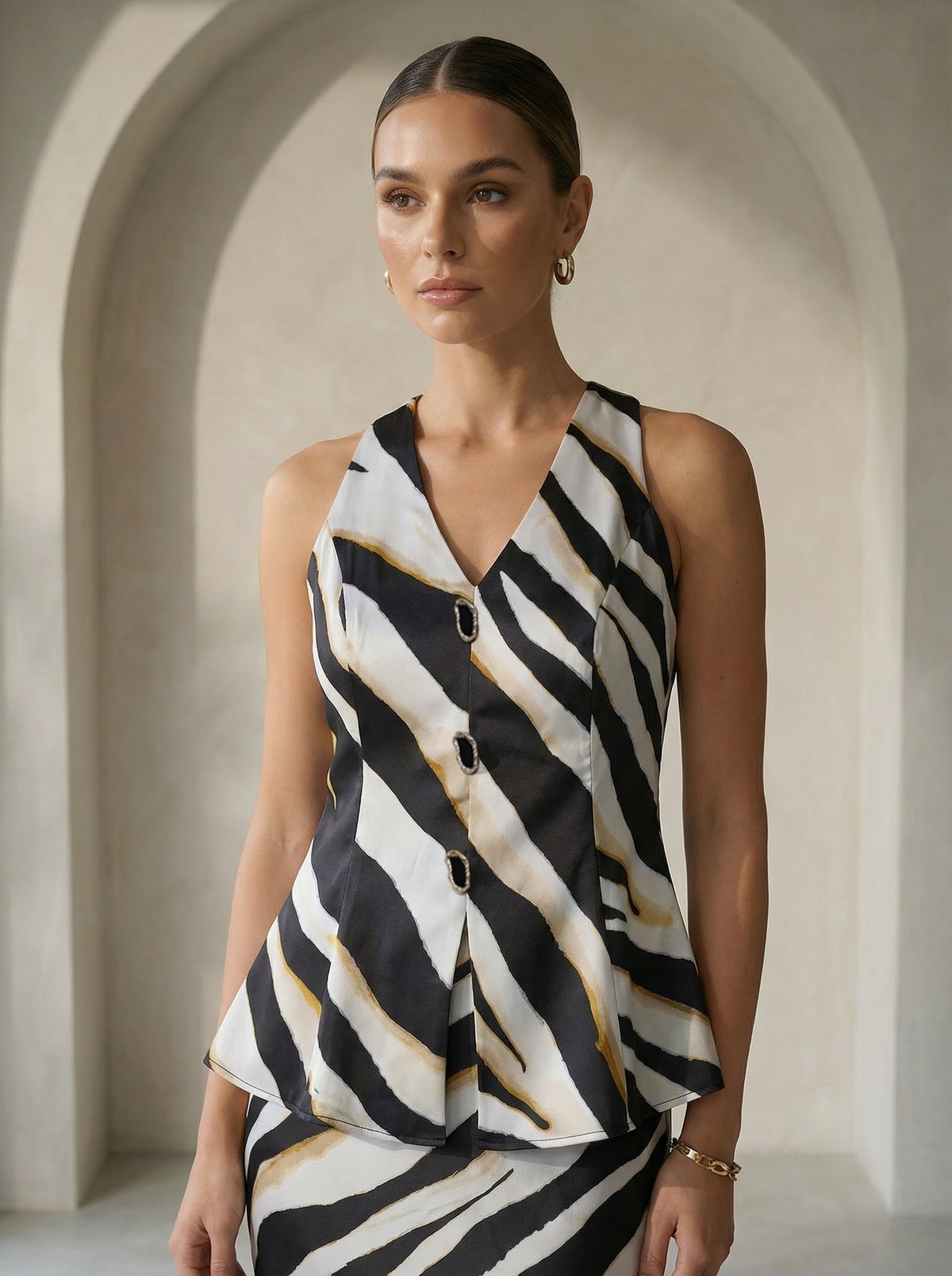 Black and White Abstract Stripe Print Peplum Top