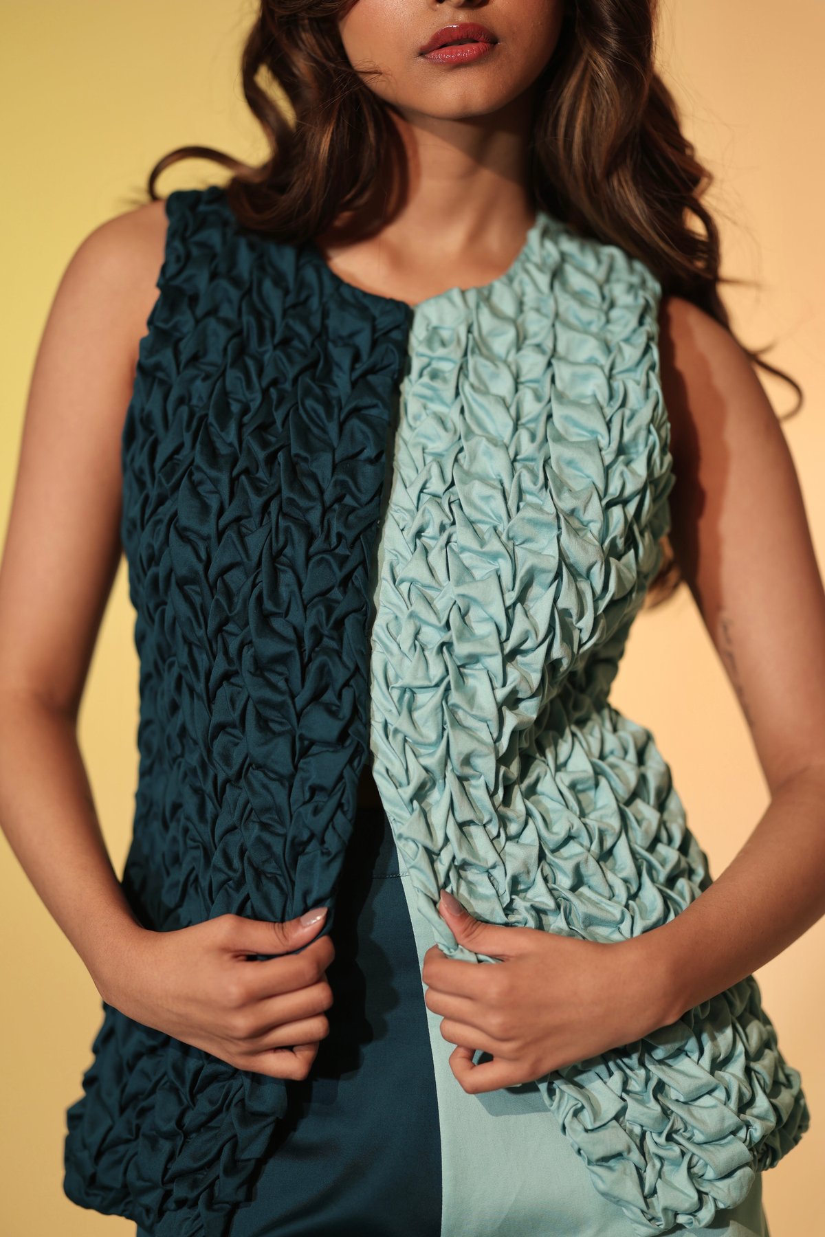 Two-Tone Smocked Longline Waistcoat-Style Top
