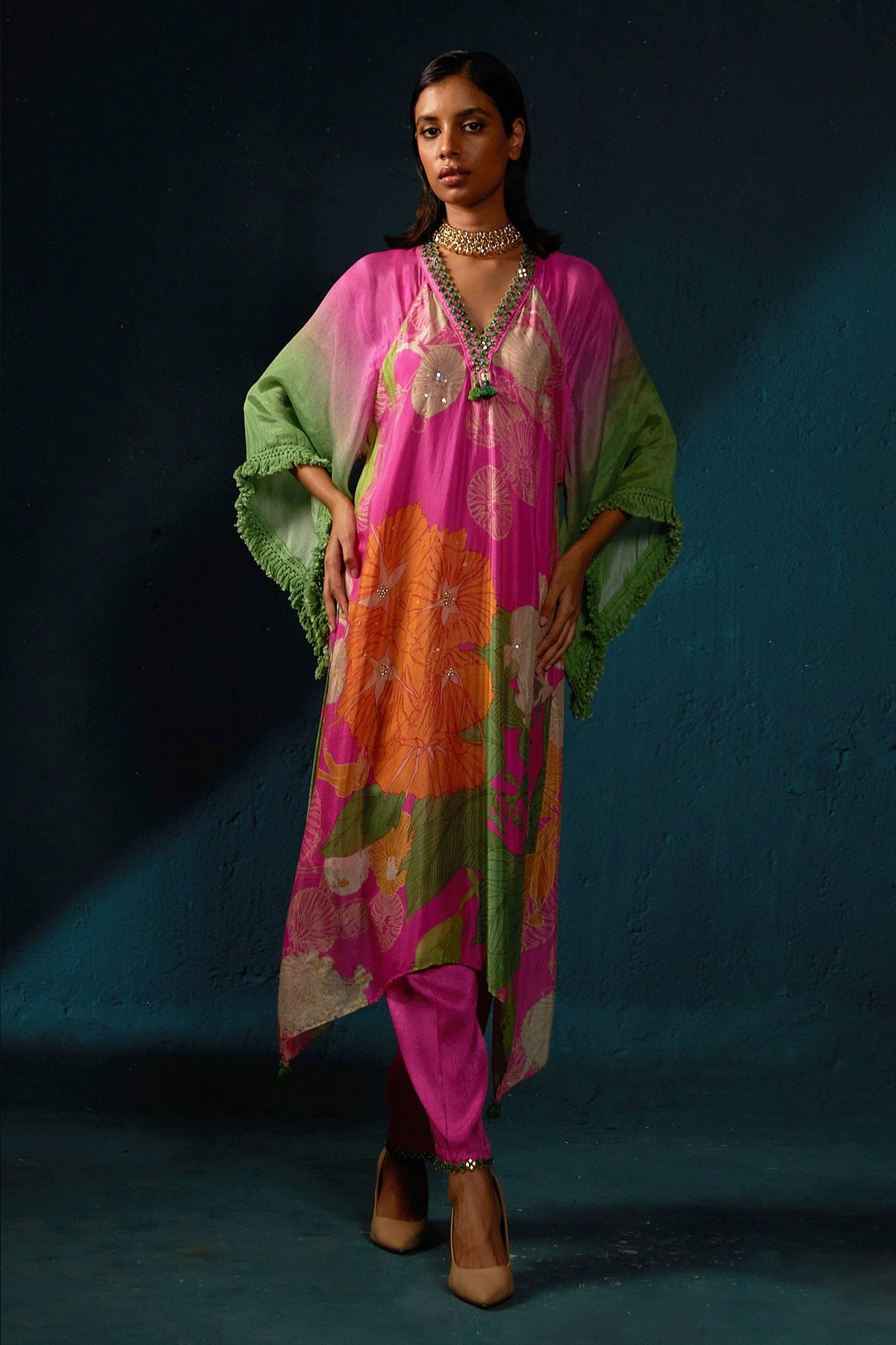 Pink Floral Printed Asymmetrical Kurta Set with Cape Sleeves