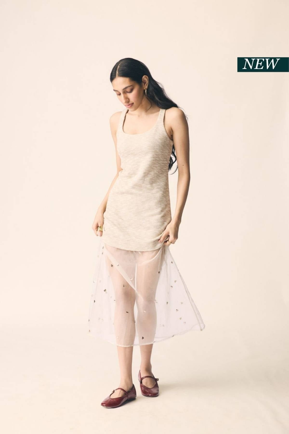 Beige Knit and Organza Layered Midi Dress