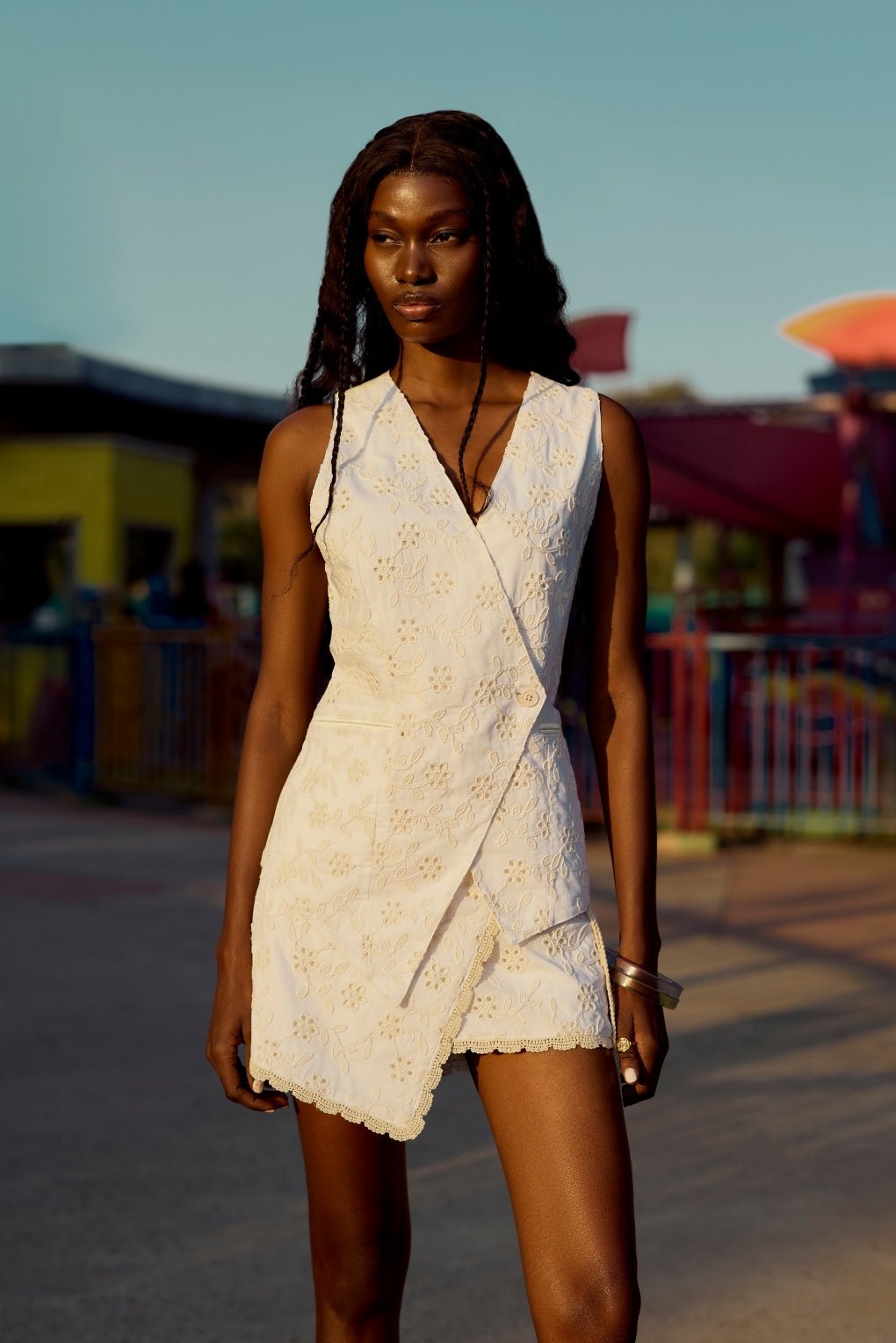 White Schiffli Embroidered Wrap-Front Shorts