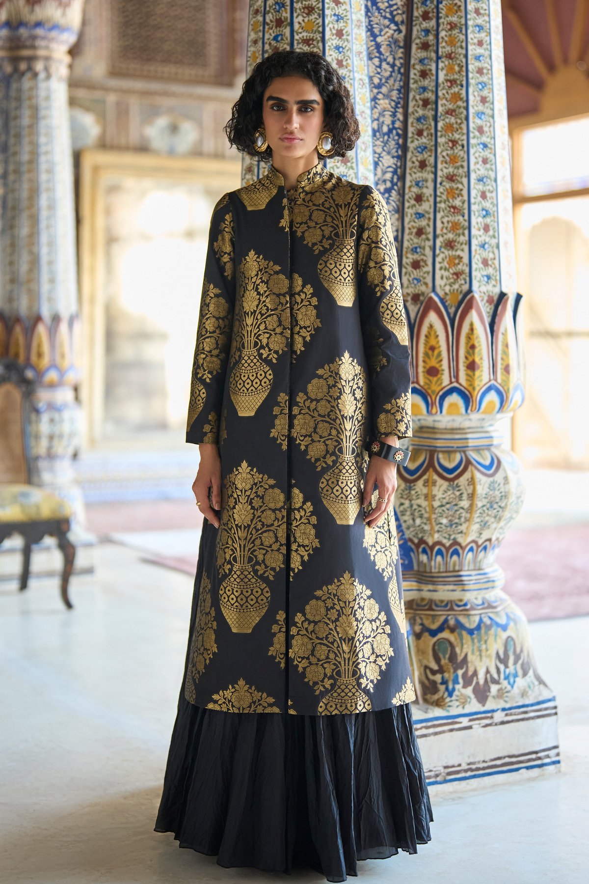 Benares Silk Brocade Jacket & Crushed Crinkle Maxi Skirt