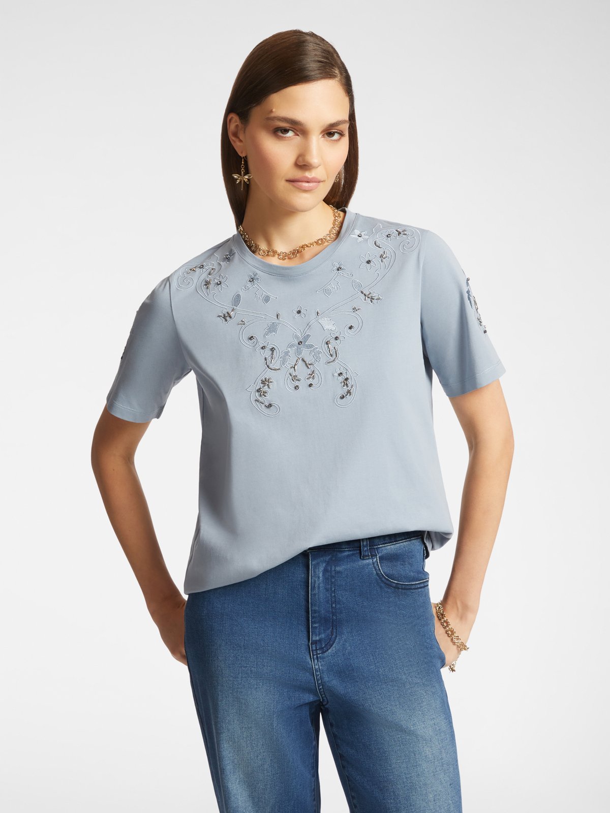 Baby Blue Embroidered Cotton Jersey T-shirt