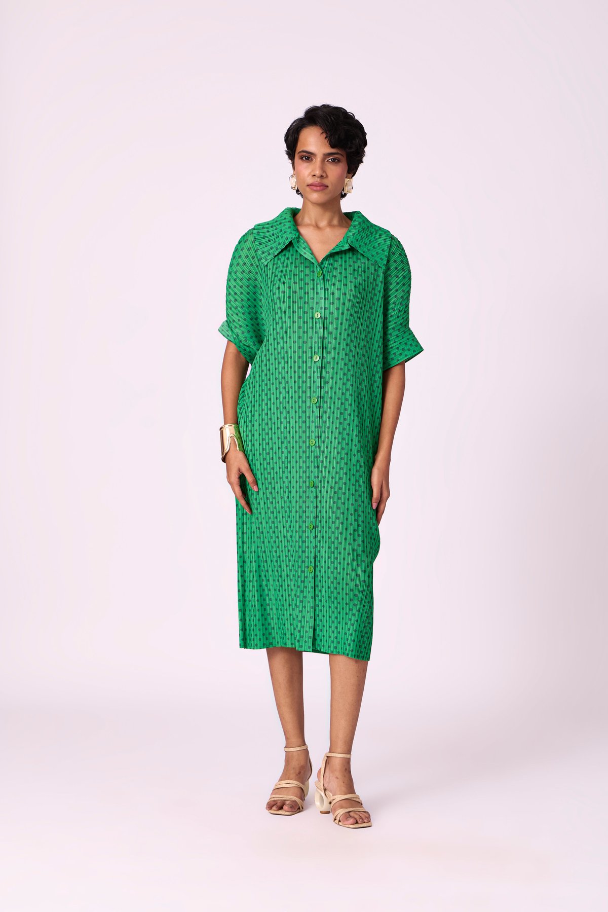 Green Pleated Printed Midi Shirt Dress