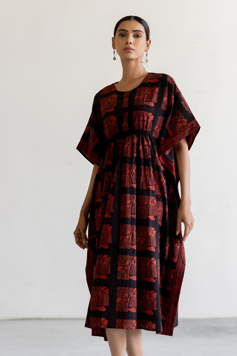 Black and Red Block Print Midi Cotton Kaftan
