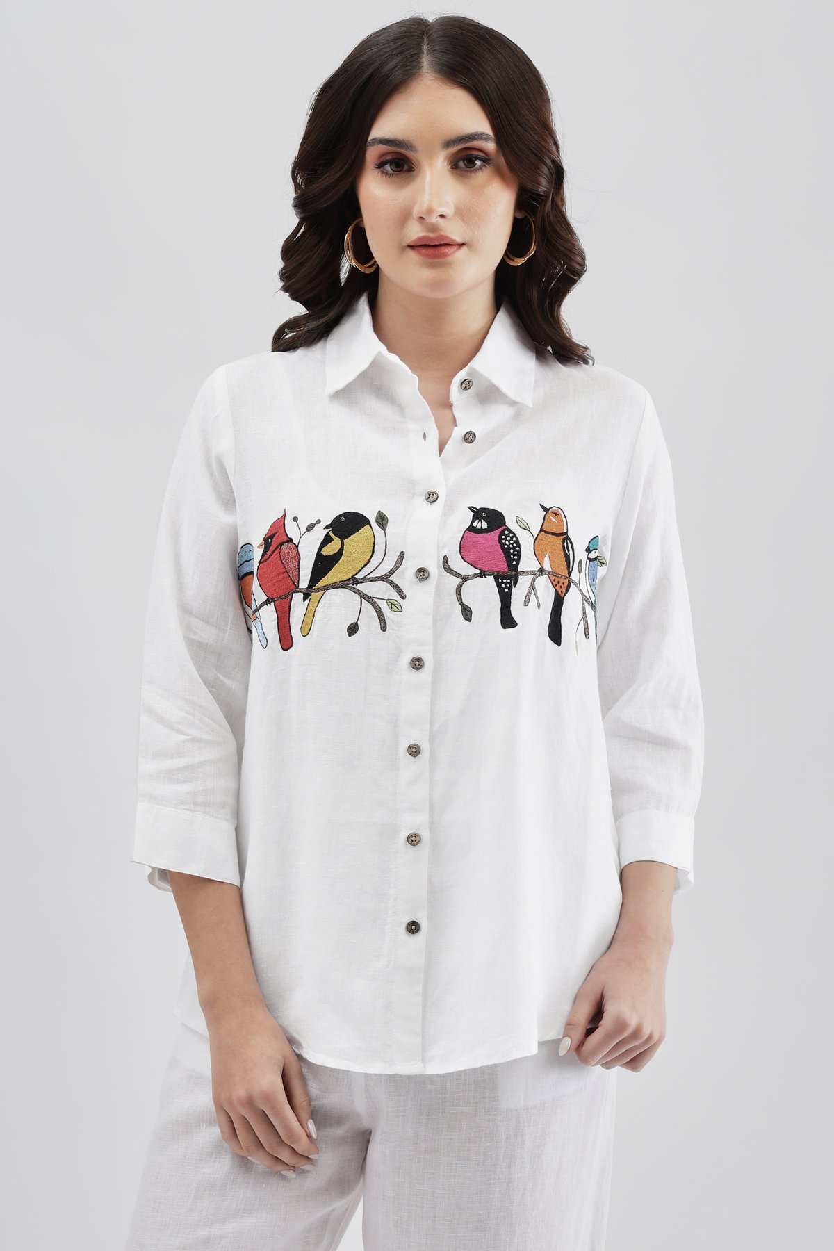 White Linen Shirt with Bird Embroidery