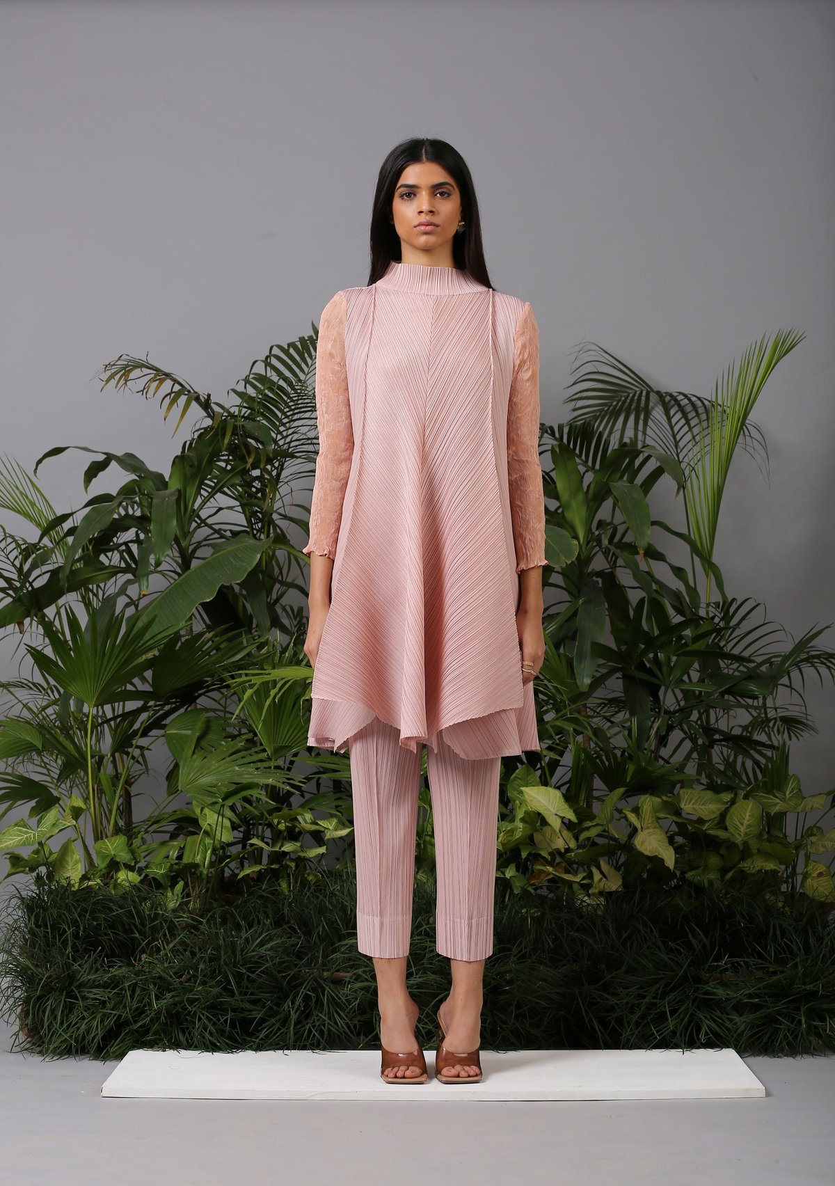 Nude Pink Pleated Tunic and Straight Pants Co-ord Set