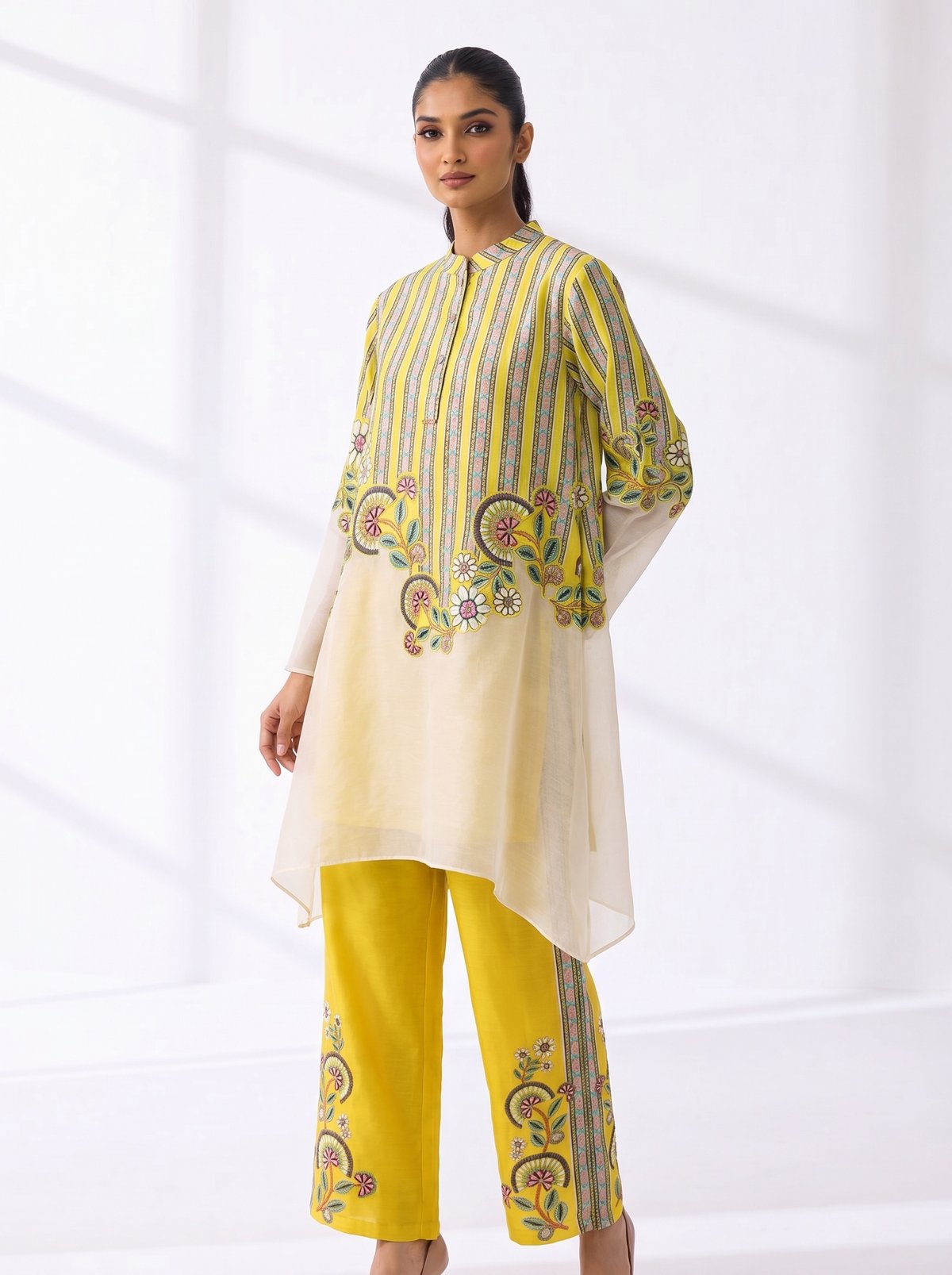 Yellow/Off White Striped Floral Linen Kurta Set