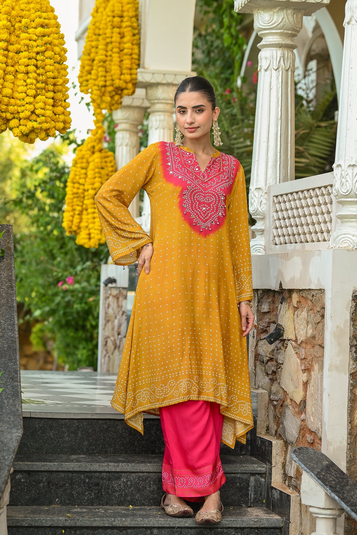 Yellow and Pink Bandhani A line kurta set