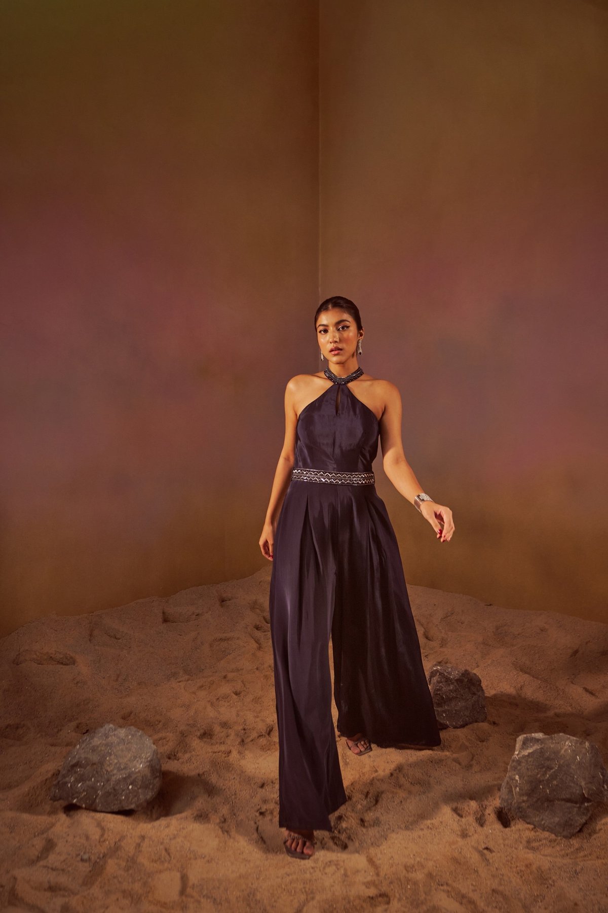 Navy Blue Halter Neck Wide-Leg Maxi Jumpsuit