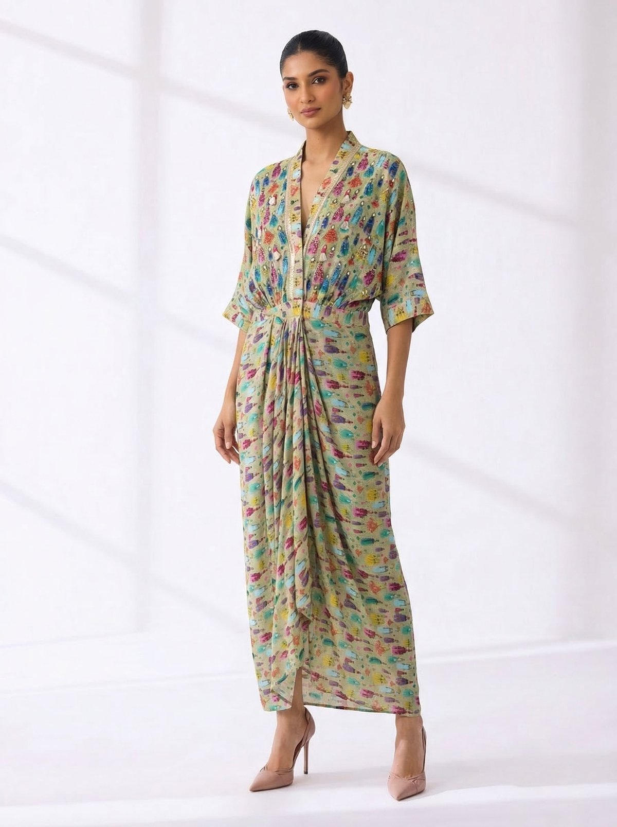 Green Abstract Print Draped Maxi Dress