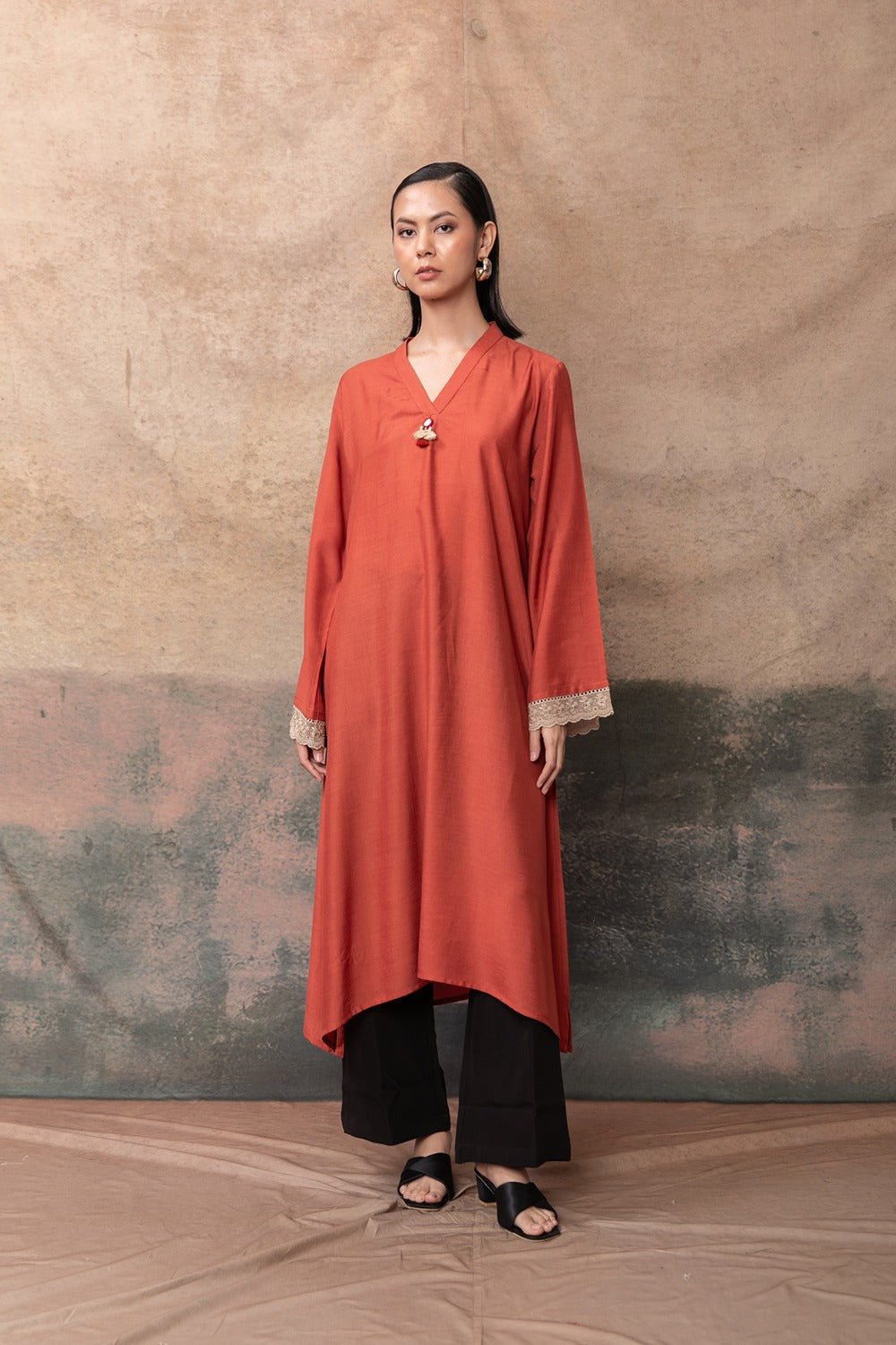 Rust Asymmetric Long Muslin Kurta with Lace Cuffs