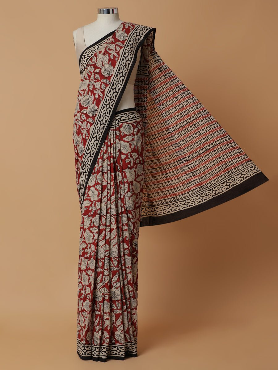 Hand Block Printed Floral Red Cotton Mulmul