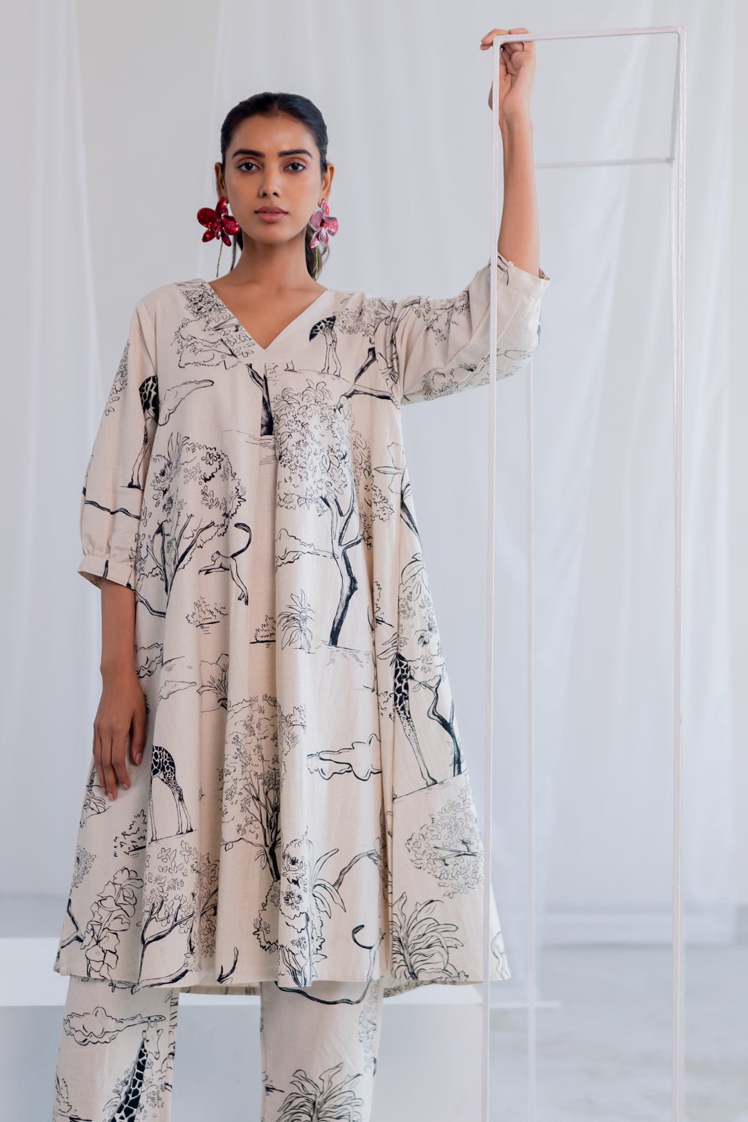 Off-White Safari Print A-Line Kurta Set with Pants