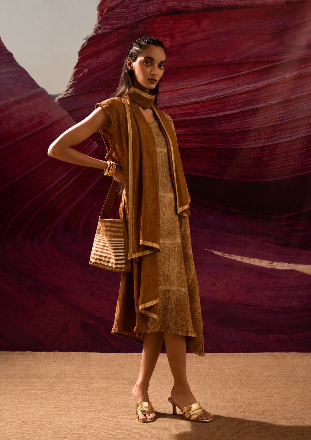 Mustard Gold One Sided Crinkle Kaftan with Slip and Scandanavian Stole