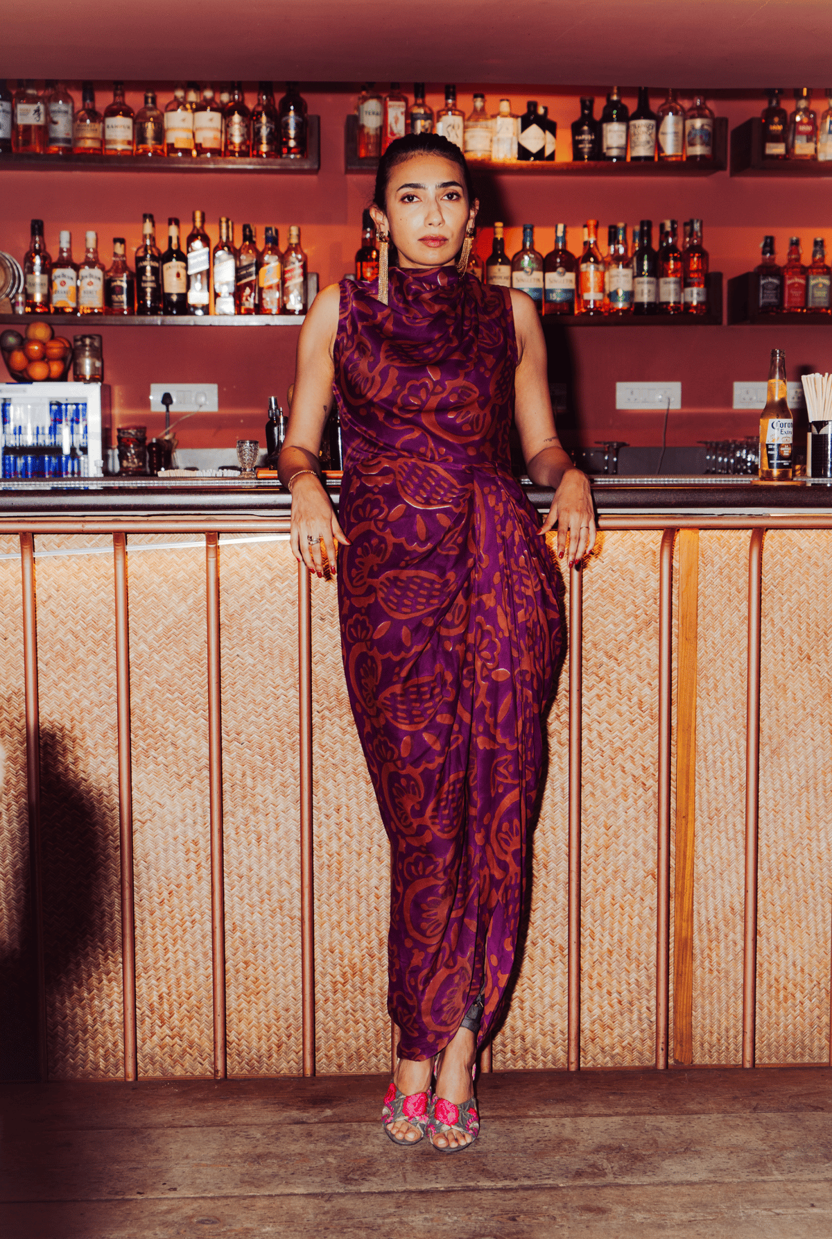 Purple Brown Satin Silk Cowl Neck Draped Maxi Dress