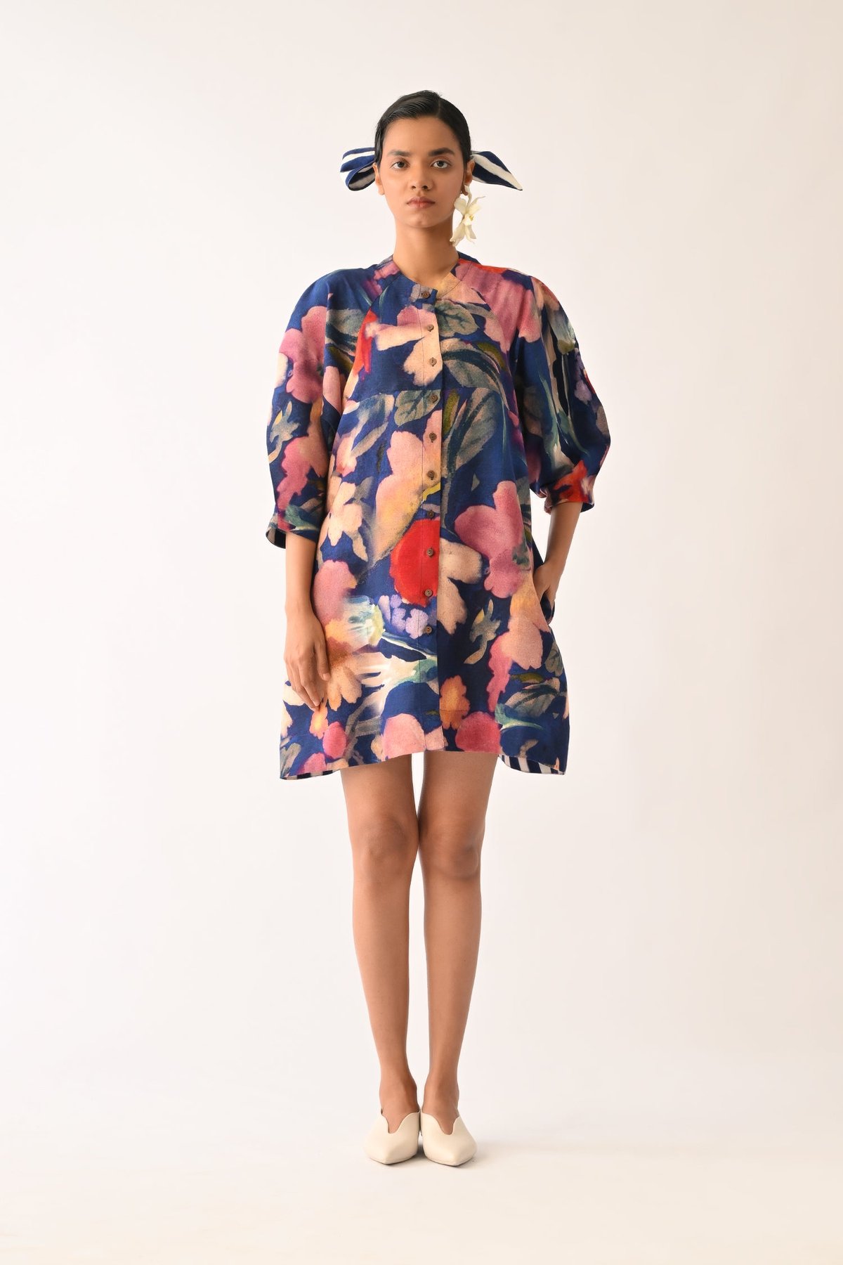 Royal Blue Abstract Floral Bubble Sleeve Mini Dress
