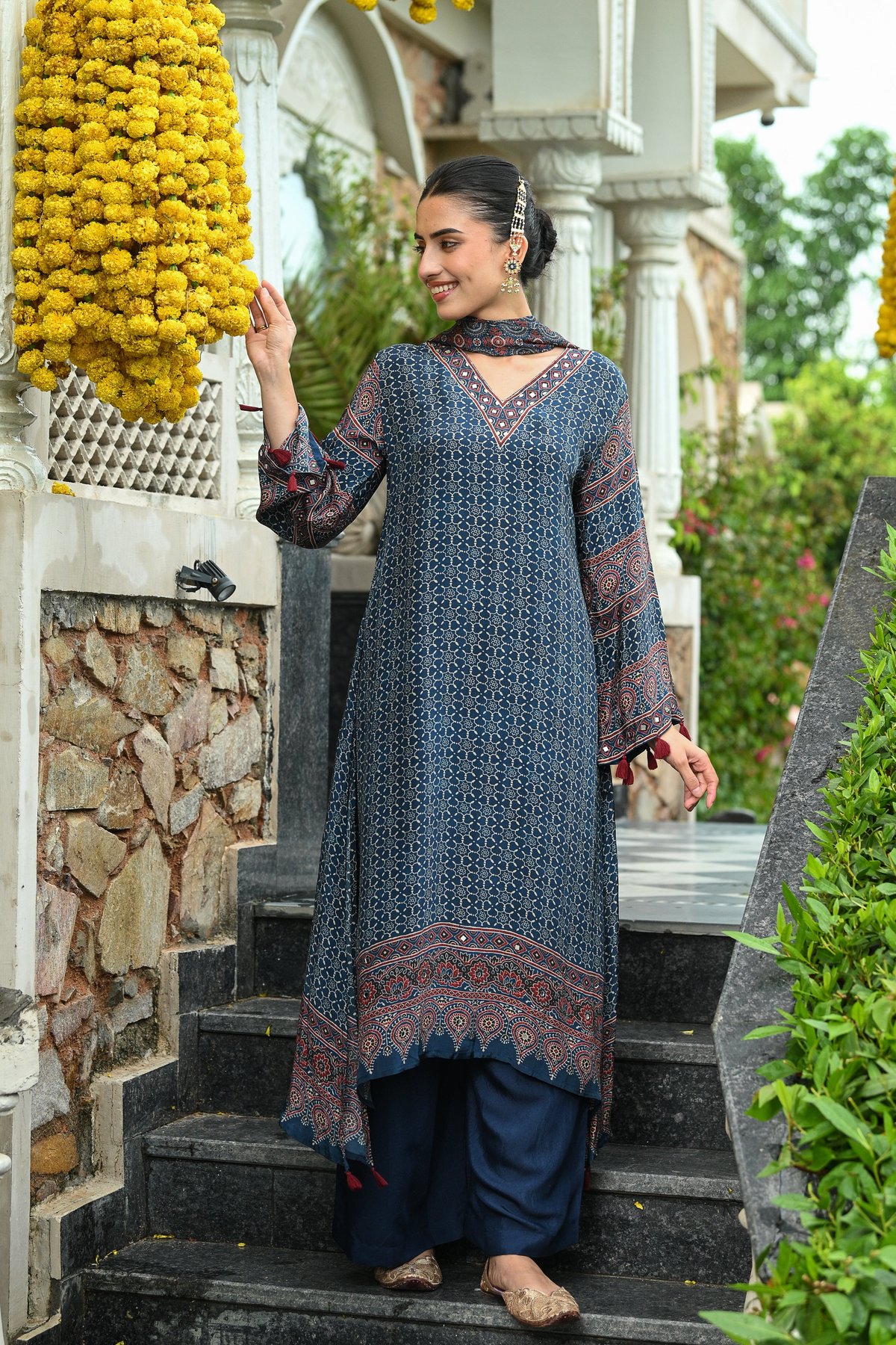 Indigo Blue Ajrakh Print Gota Adda Work Crepe A line Suit Set with Chinnon Ajrakh Print Dupatta-SET OF-3