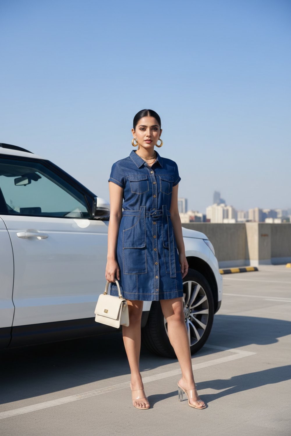 Indigo Denim Button-Down Shirt Dress with Belt