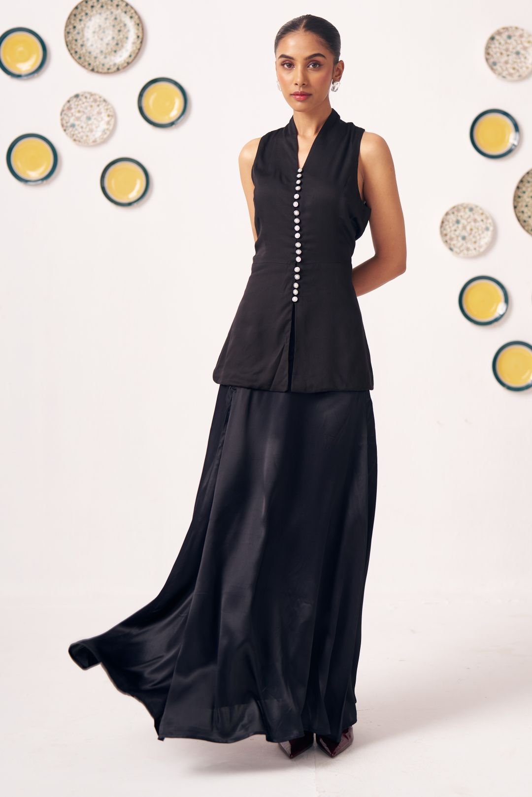 Eerie Black Pearl Button Top & Draped Skirt Set
