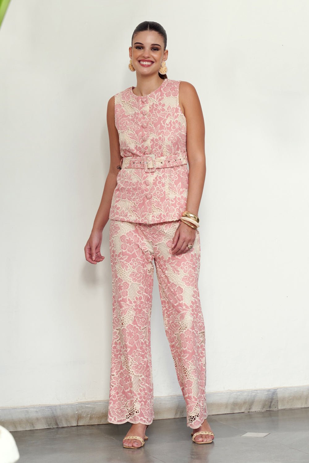 Pink Cotton Lace Vest and Straight-Leg Pants Co-ord Set